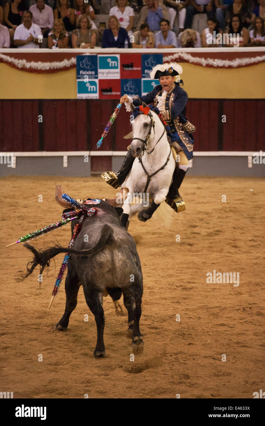 During the Festa do Colete Encarnado (Red Waistcoat Festival), a bull  running festival, a traditionally dressed 'cavalheiro' delivers the  'banderilla' mounted on his Lusitano stallion in the bullring of Vila  Franca de