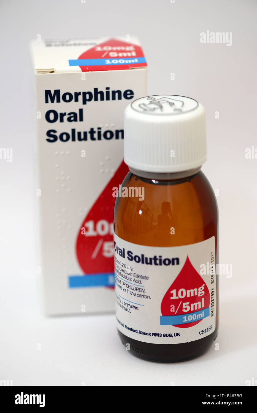 100ml bottle of liquid Morphine. For treatment of pain. Stock Photo