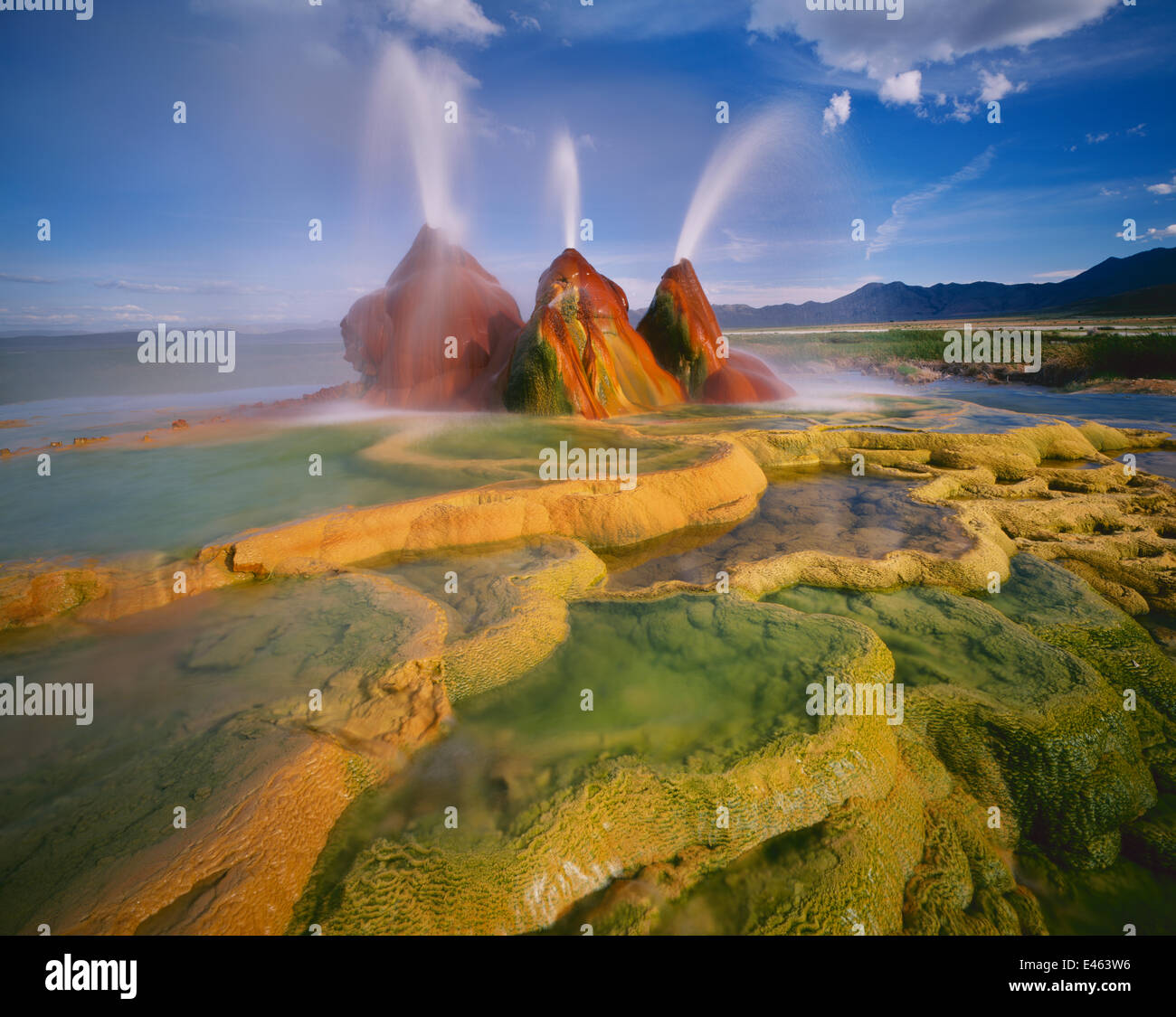 Scalding hot water continuously spouting behind layers of mineral deposits, Fly Geyser, Black Rock Desert, Great Basin Desert, Nevada, USA Stock Photo