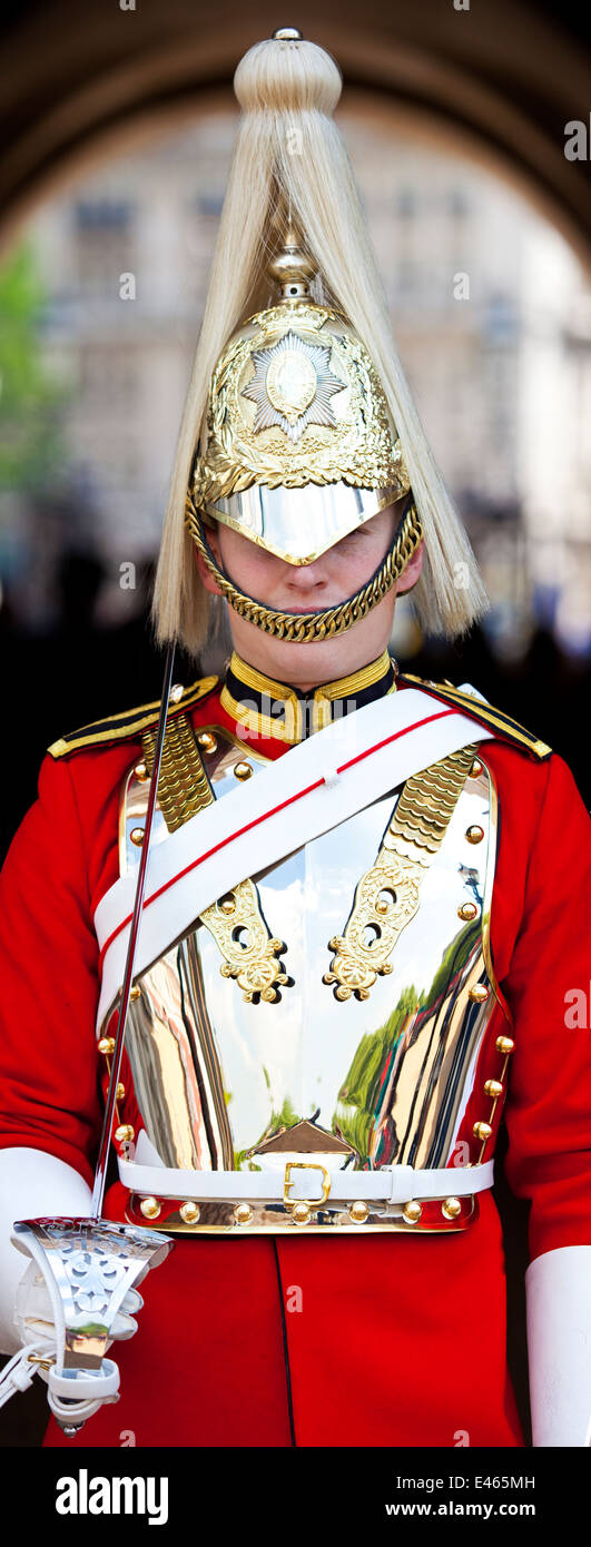 LONDON, UK - MAY 16TH 2014: A Royal Horseguard at Horseguards Parade in London on 16th May 2014. Stock Photo