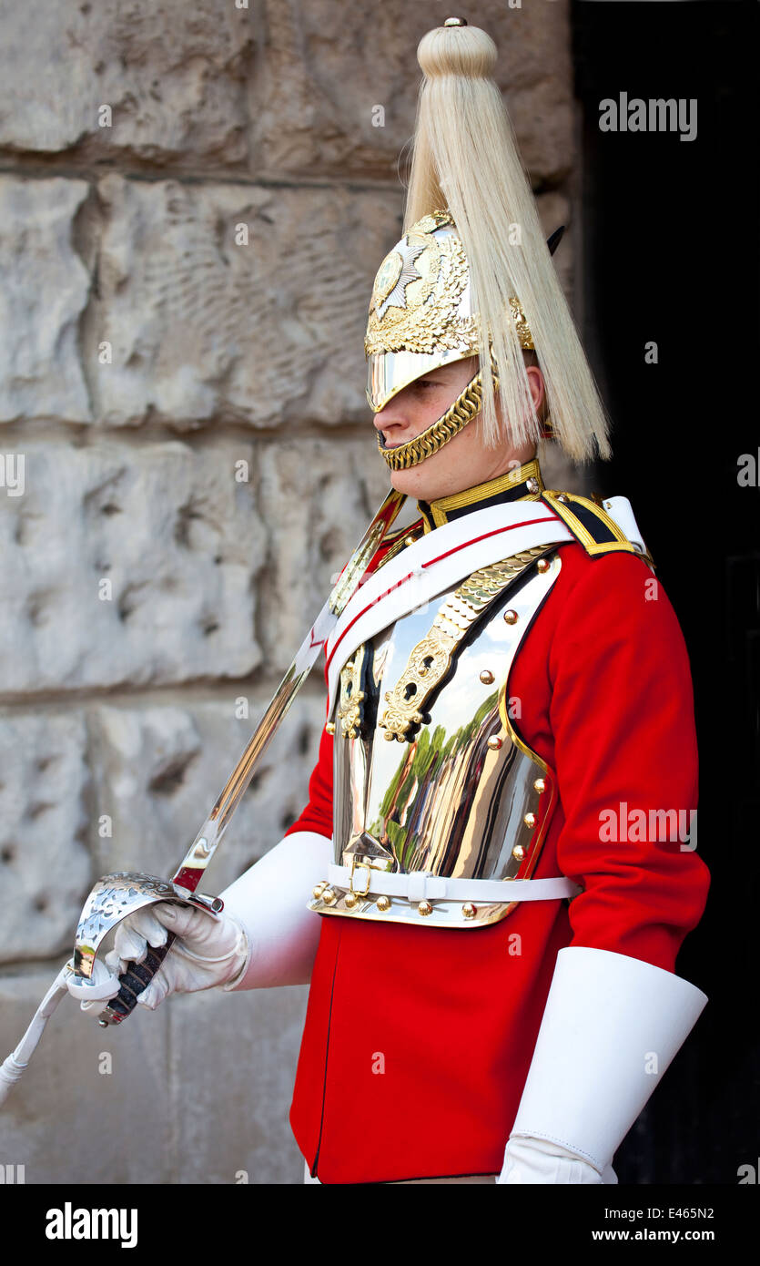 LONDON, UK - MAY 16TH 2014: A Royal Horseguard at Horseguards Parade in London on 16th May 2014. Stock Photo