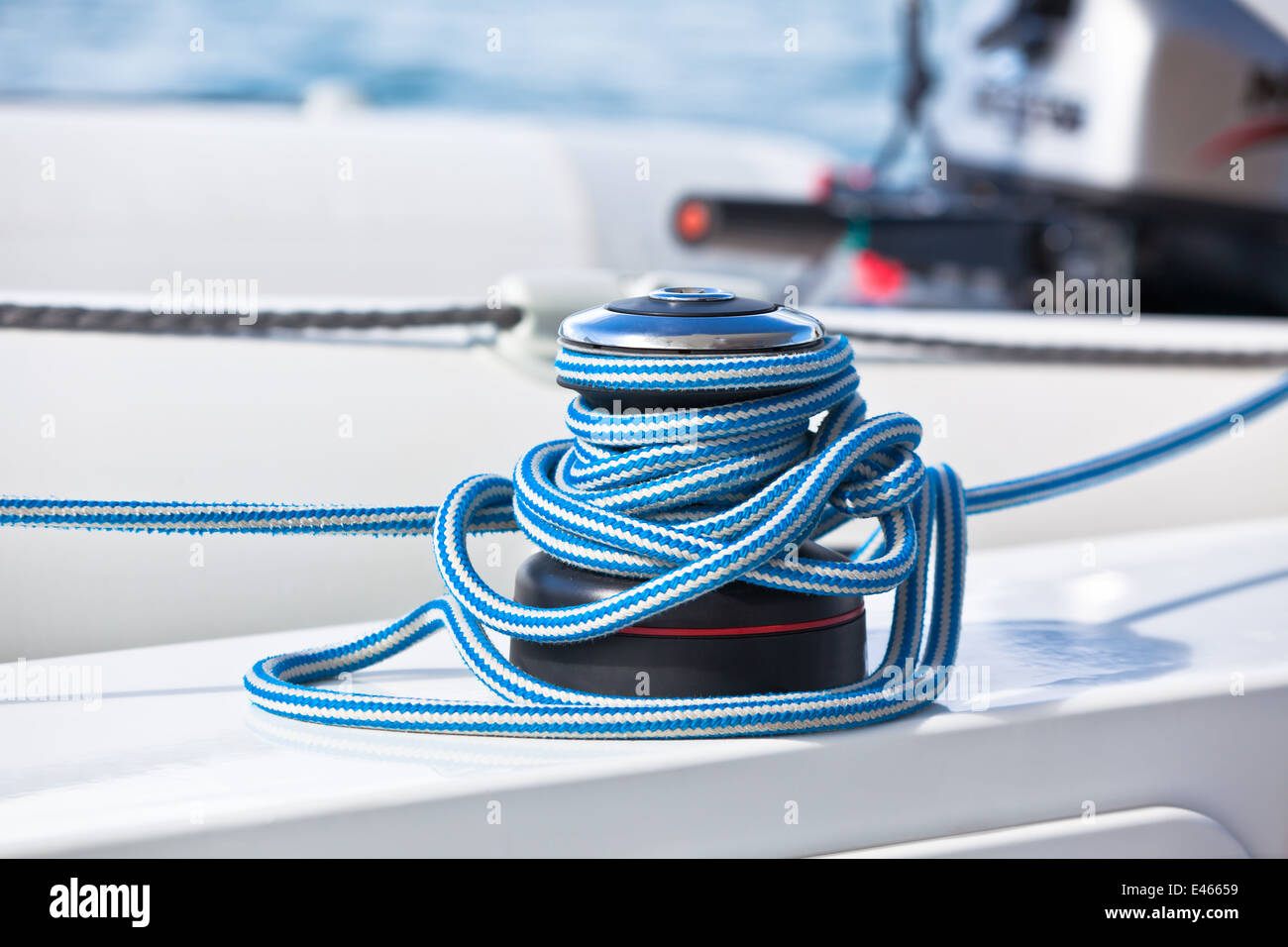 Winch and rope, yacht detail. Close up horizontal shot Stock Photo