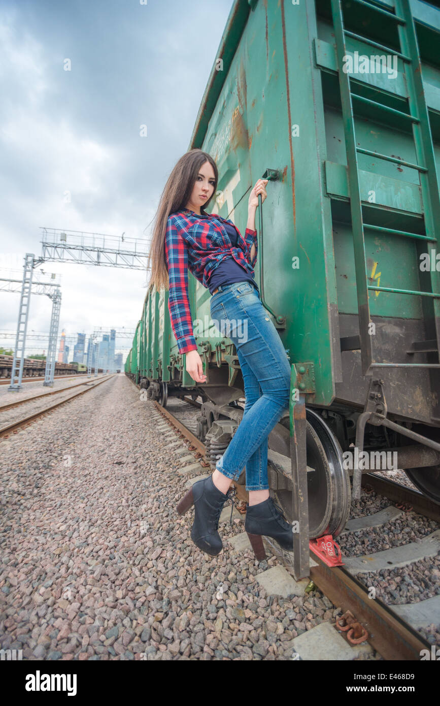 Girl at railroad Stock Photo
