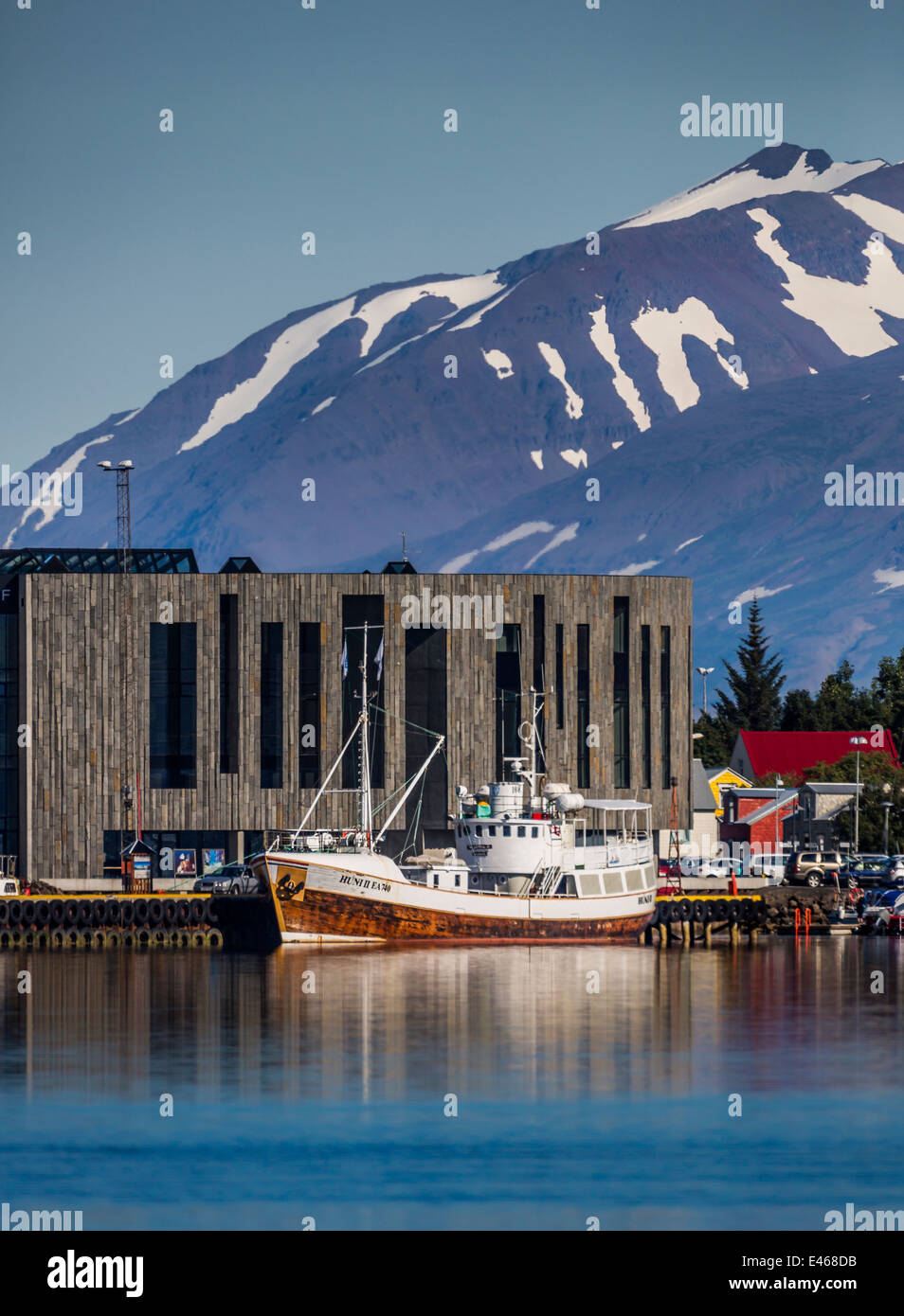 Boat and Hof Cultural House, Akureyri, Iceland Stock Photo
