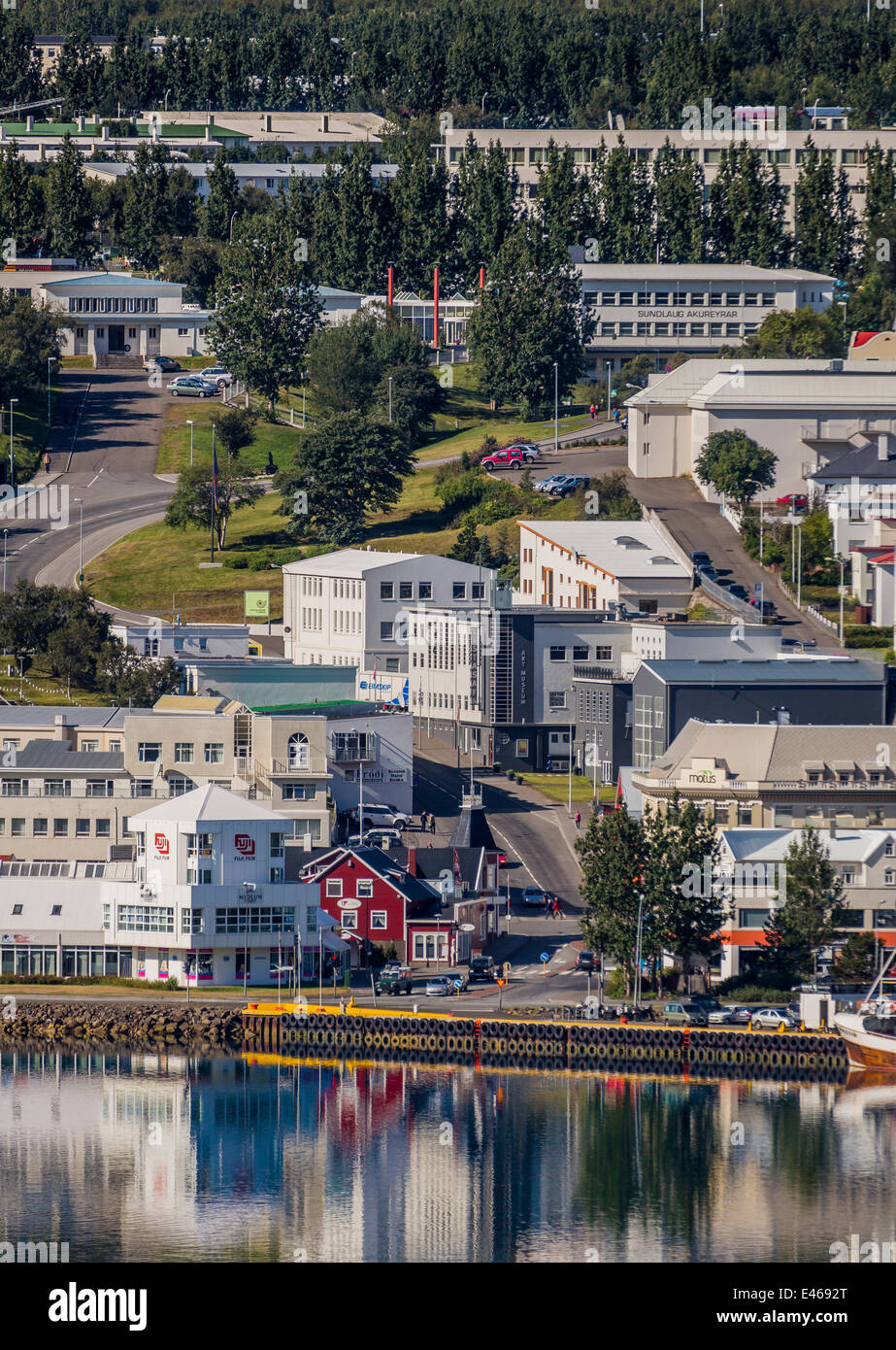Pier and Shops, Homes and Apartments, Akureyri, Iceland Stock Photo
