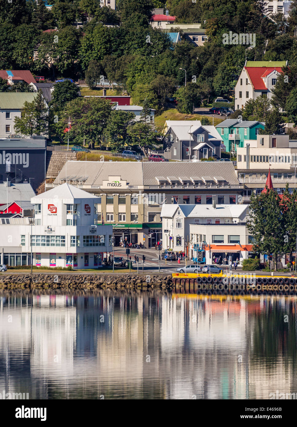 Pier with Homes and Apartments, Akureyri, Iceland Stock Photo