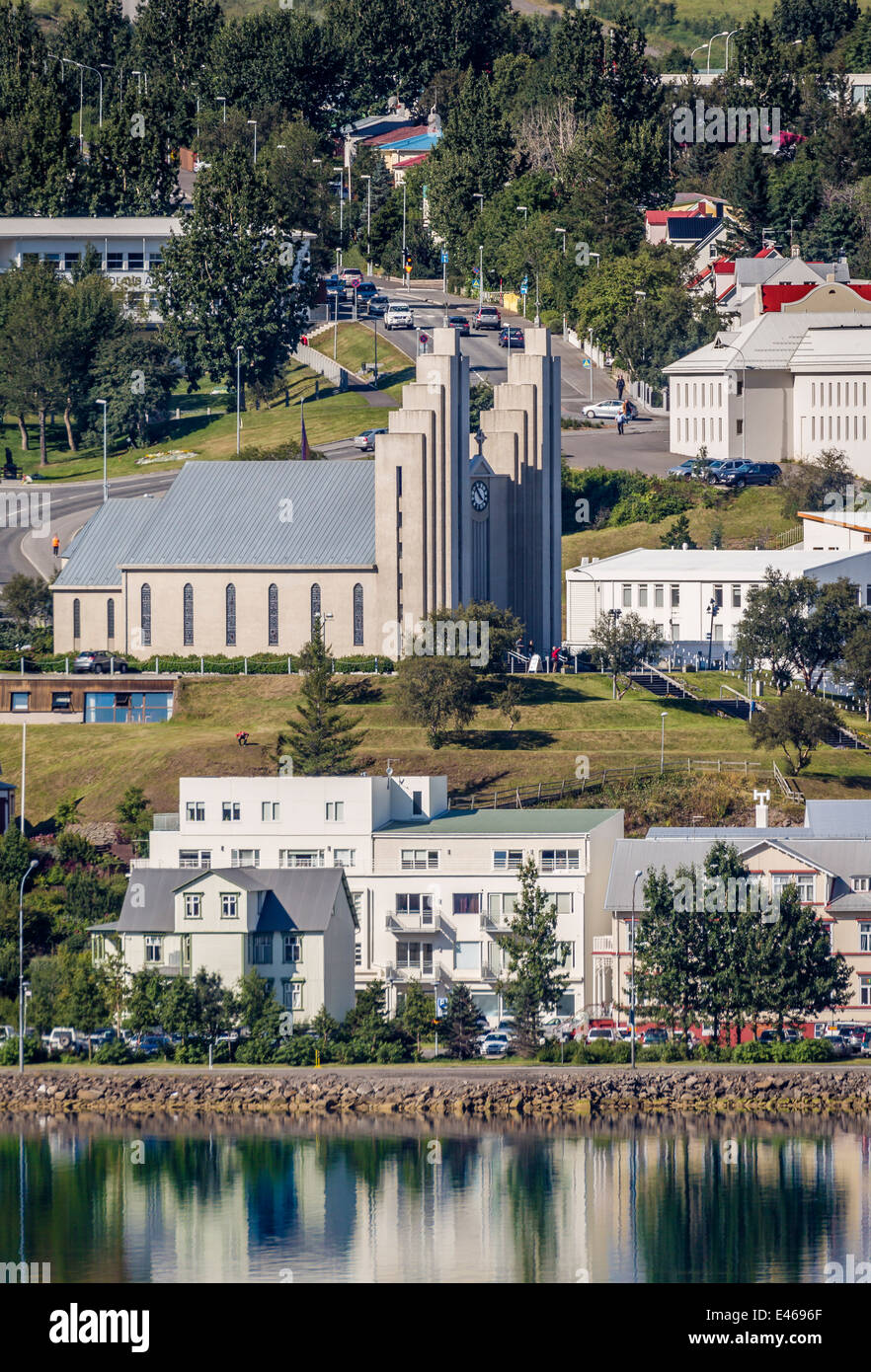 Akureyri Church, surrounded by homes and apartments. Akureyri, Iceland Stock Photo
