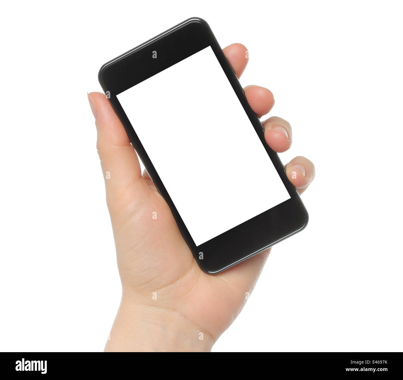 Hand holding smart phone isolated on white background Stock Photo - Alamy