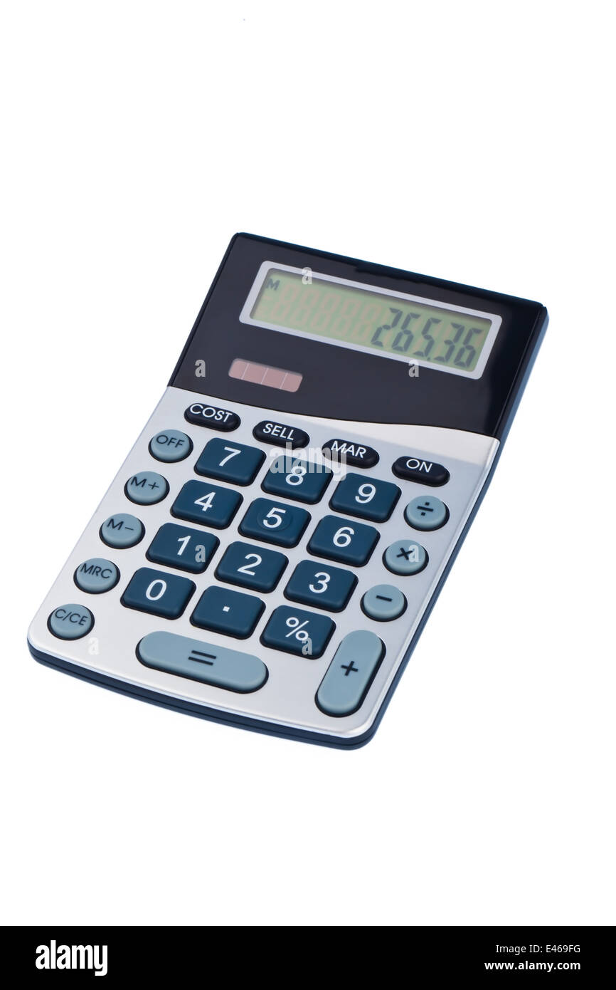 A calculator is located on a white background. Symbolic photo for cost, revenue and profit. Stock Photo