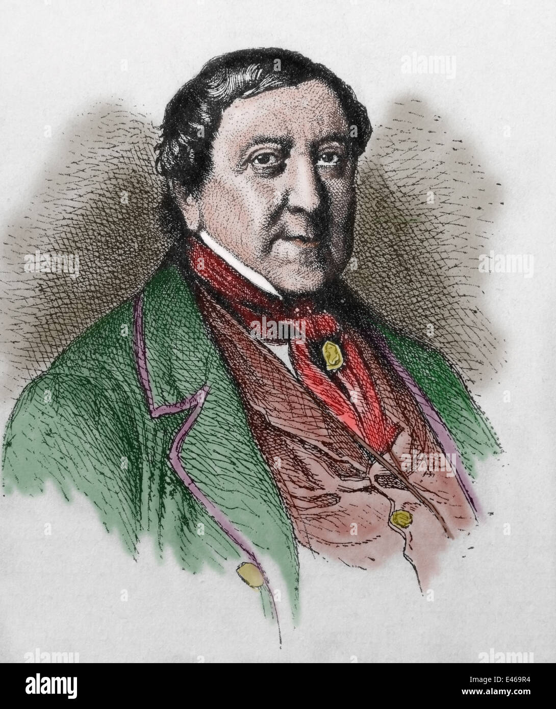 Gioachino Rossini (1792-1868). Italian composer. Engraving, 1917. Later colouration. Stock Photo