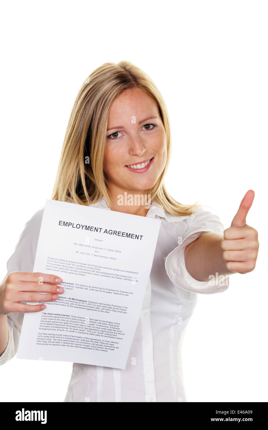 A young woman with a job contract was successful at her interview. In English Stock Photo