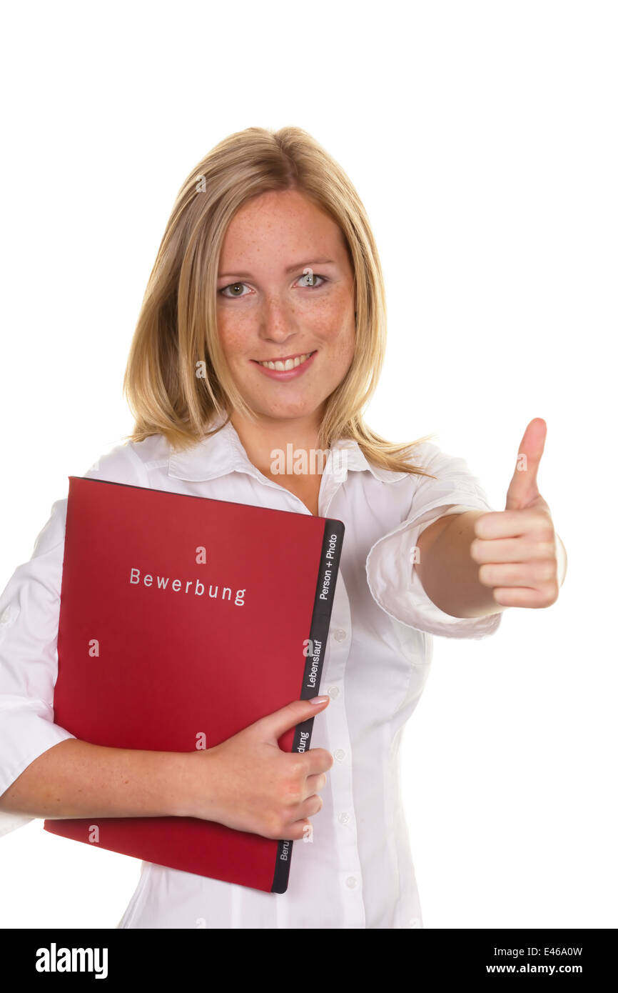 A young woman with application portfolio was successful at her interview Stock Photo
