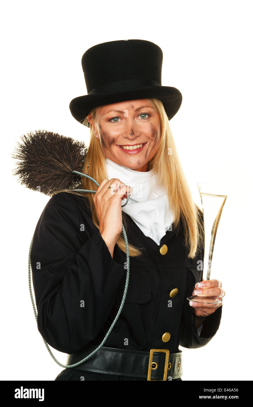 Woman as a chimney sweeper. Lucky charm to New Year's Eve and New Year. Stock Photo