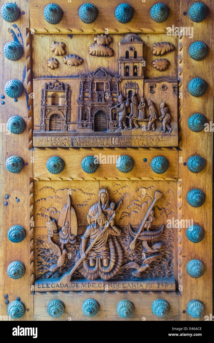 Hand carved fancy door of Basilica of Our Lady of Copacabana, Bolivia. Stock Photo