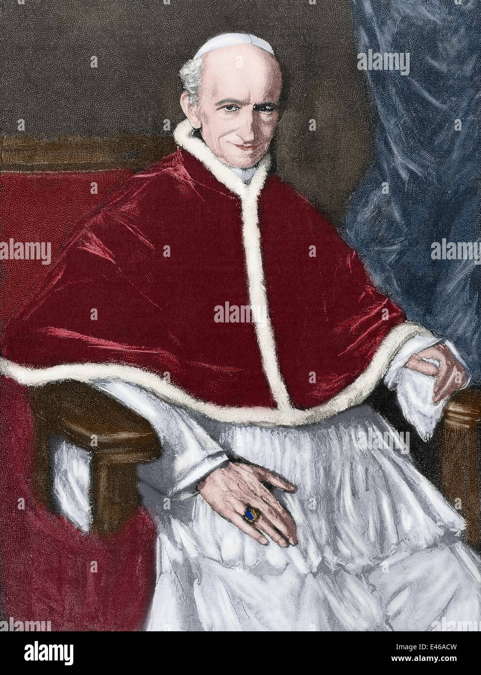 Leo XIII (1810-1903). Italian Pope (1878-1903), named Vincenzo Gioacchino Pecci. Engraving. Colored. Stock Photo