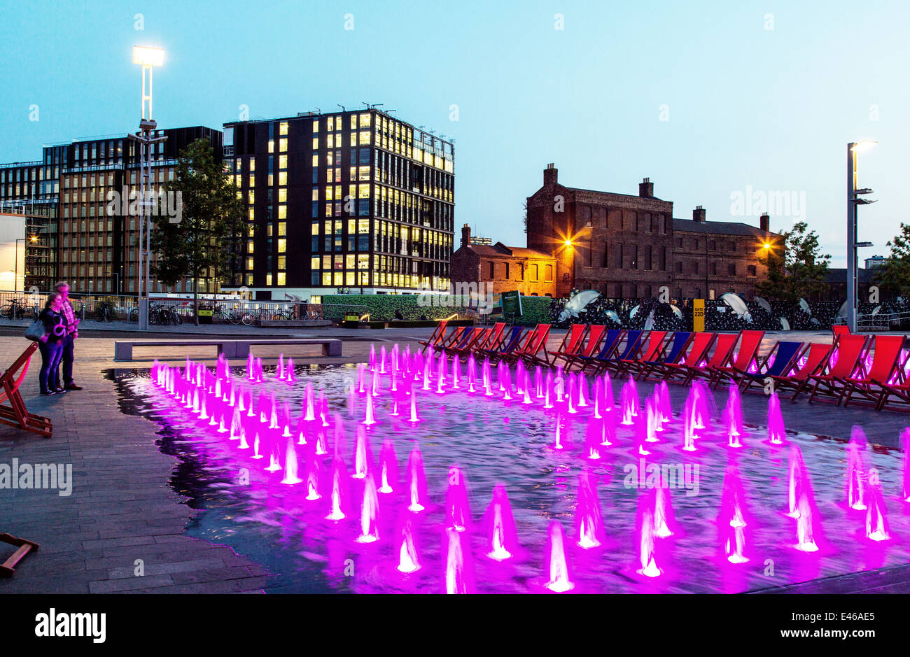 Coloured Fountain Lights Granary Square Kings Cross London UK Stock