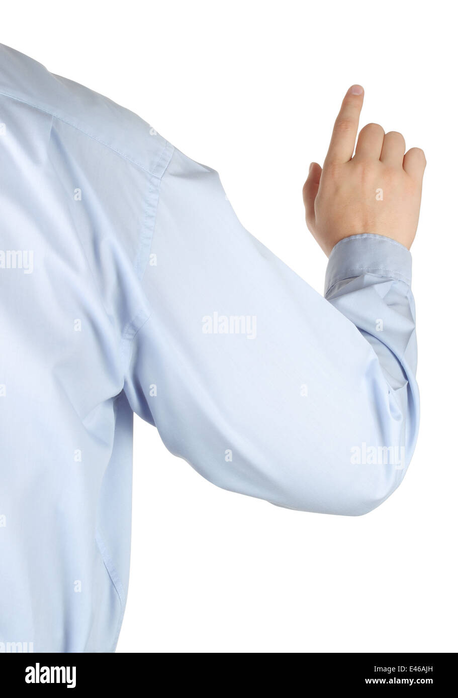 Businessman with indicating hand on white background Stock Photo - Alamy