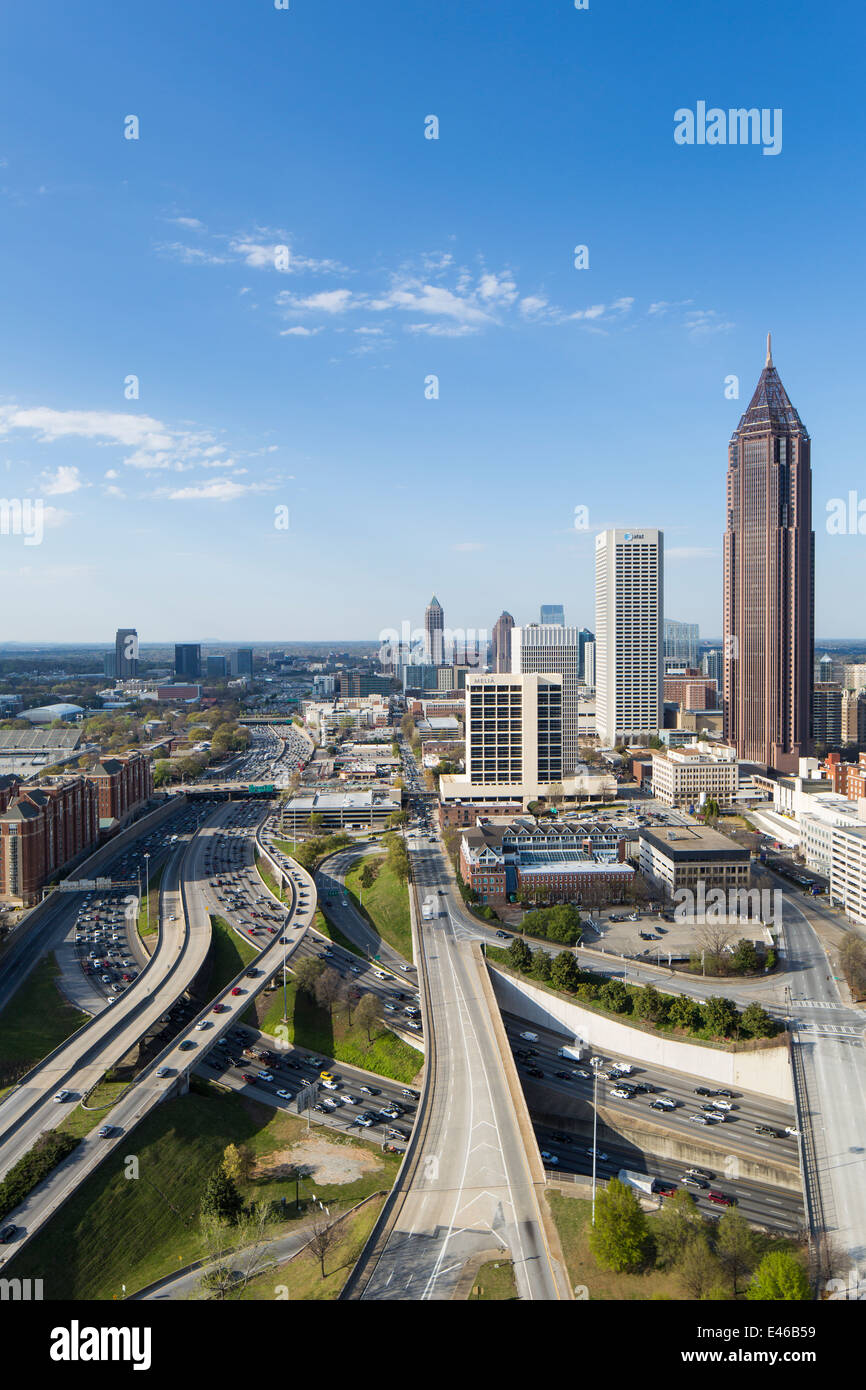 Elevated view over Interstate 85 and Midtown Atlanta skyline, Georgia, United States of America Stock Photo