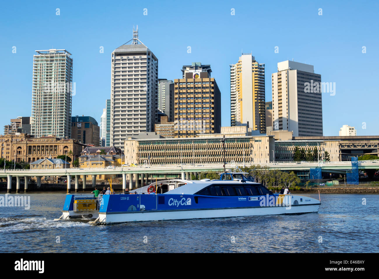 Brisbane Australia CBD,city skyline,skyscrapers,buildings,CityCat,ferry,boat,TransLink,Trans Link,Pacific Motorway,M3,Brisbane River,AU140316140 Stock Photo