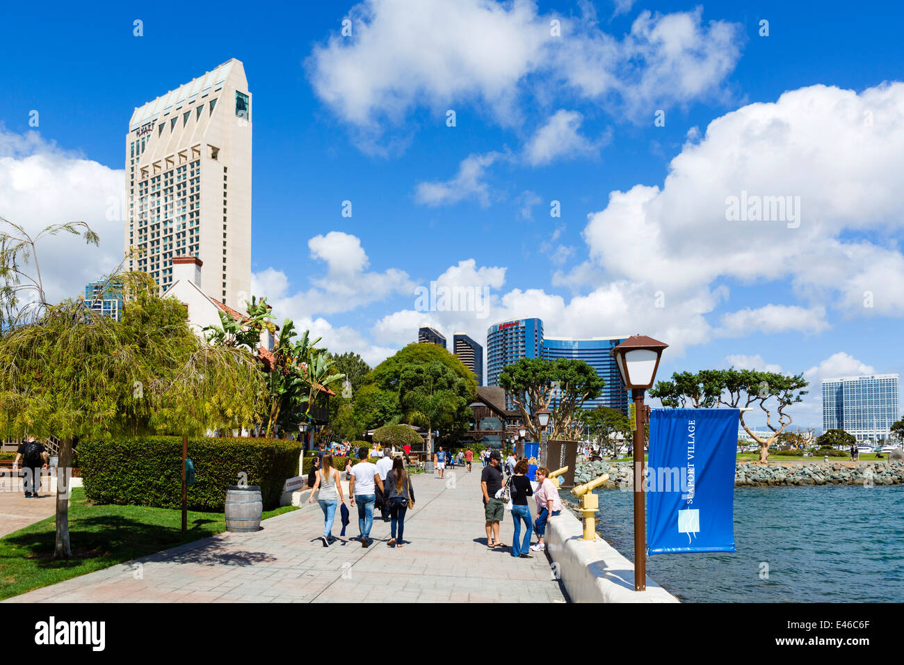 The Embarcadero at Seaport Village looking towards hotels round Convention Center, Marina District, San Diego, California, USA Stock Photo