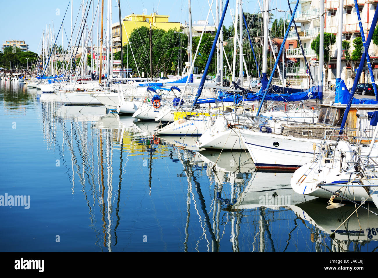 The water channel with parked sail yachts, Rimini, Italy Stock Photo