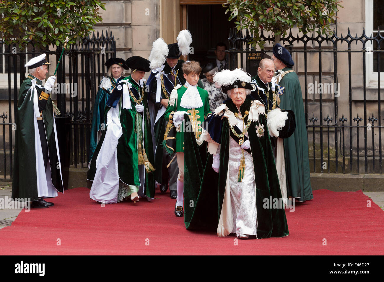 Edinburgh, UK. 03rd July, 2014. The Queen, the Duke of Edinburgh, Prince William and the Princess Royal leaving the Signet Library after a short reception following the Order of the Thistle ceremony. Edinburgh, Scotland, UK. 3rd July 2014 Credit:  GARY DOAK/Alamy Live News Stock Photo
