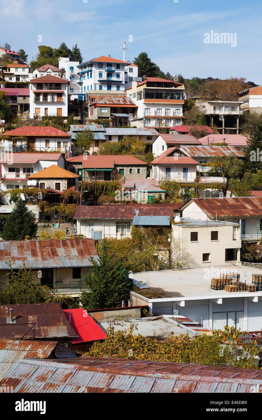 Pedoulias village, clinging to the slopes of the Troodos mountains, Cyprus Stock Photo