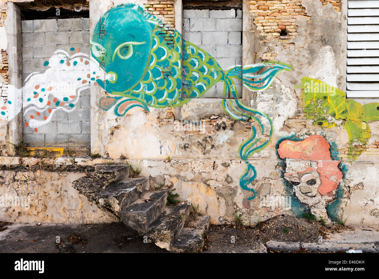 Casual wall painting, a mural, of a whale and face on the facade of an old dilapidated abandoned house in Frederiksted, St. Croix, U.S. Virgin Islands Stock Photo