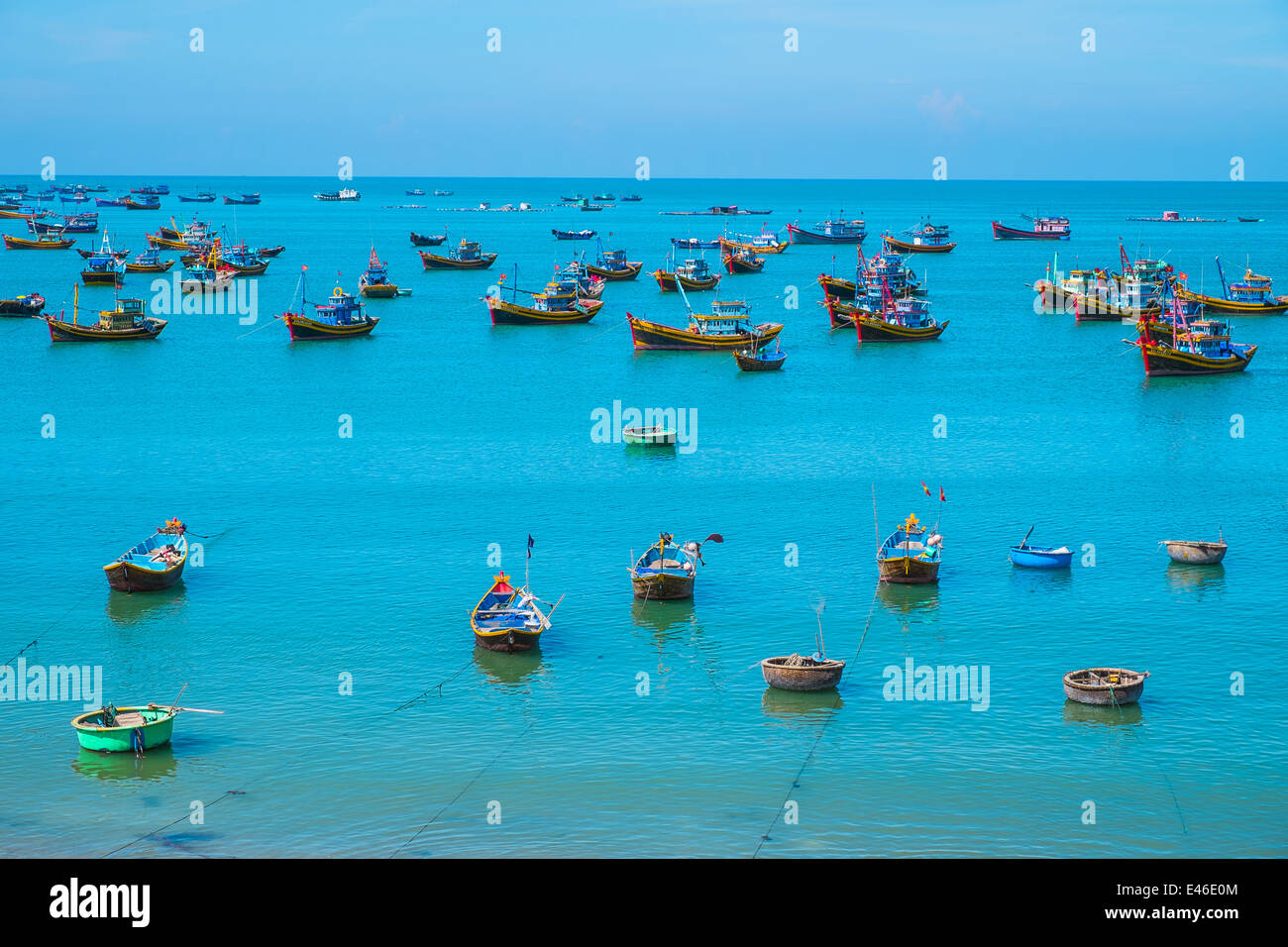 Many traditional boats in fishing village, Vietnam, Southeast Asia Stock Photo