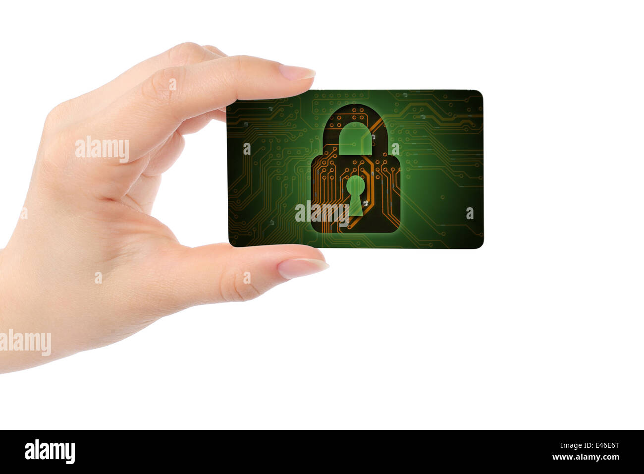 Hand with digital card and closed lock on white background Stock Photo