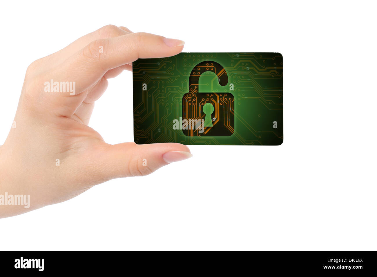 Hand with digital card and open lock on white background Stock Photo