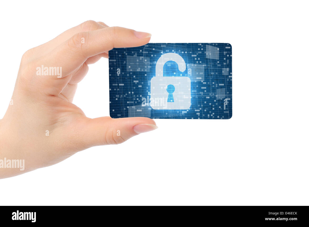 Hand with digital card and open lock on white background Stock Photo