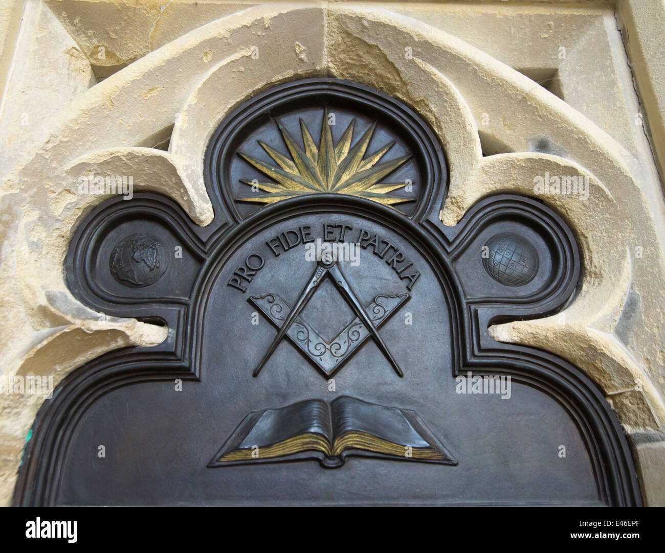 The city of Gloucester.  Masonic symbols in the Cathedral Stock Photo