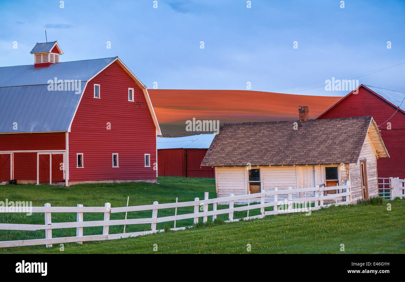 The Palouse, Whitman County, WA: Red barn and farm scene in evening light with clearing storm clouds Stock Photo