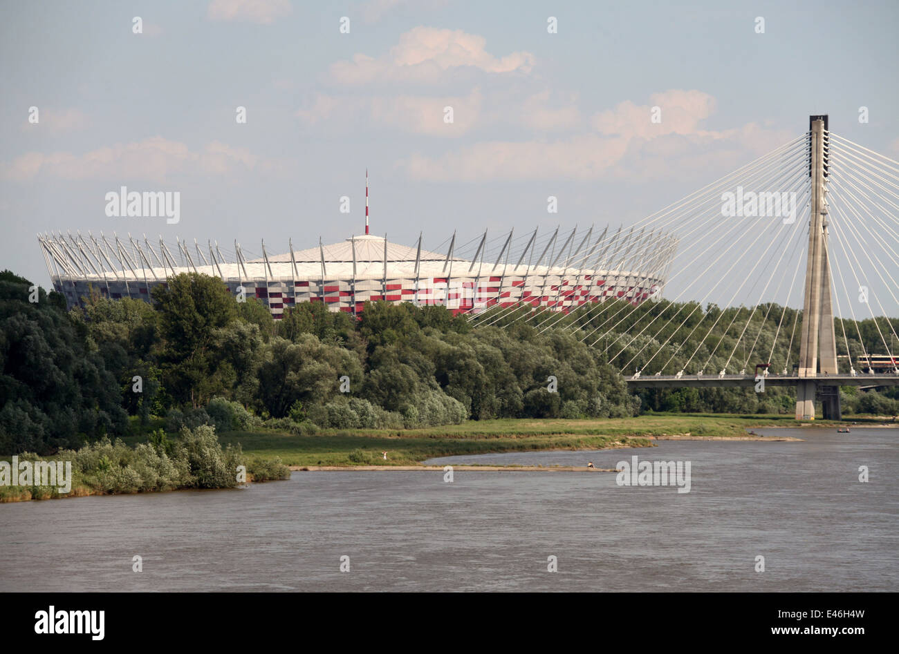 Vistula River and National Stadium in the Polish capital city of Warsaw Stock Photo