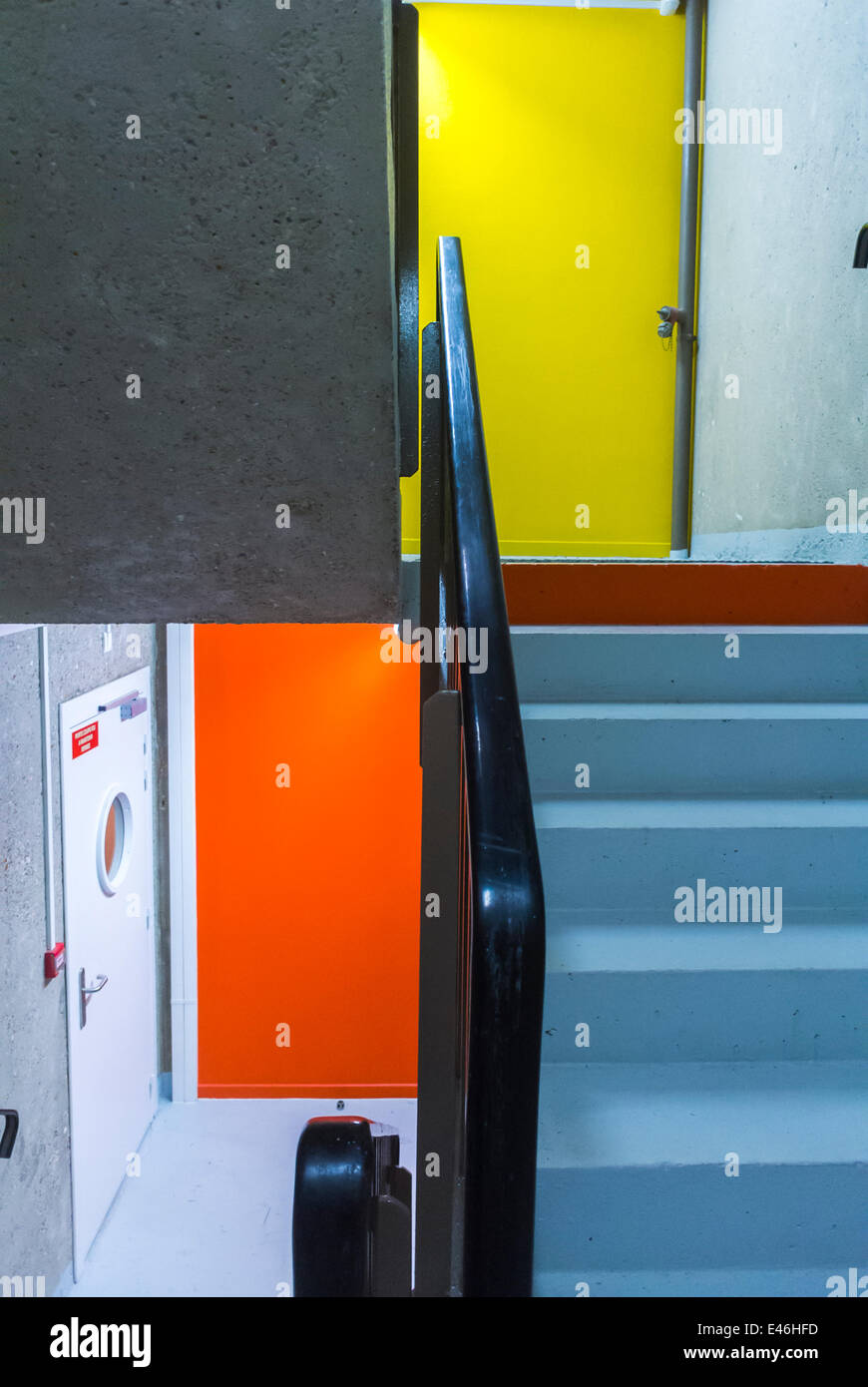 Paris, France, Eco-Building, energy efficient building, Urban Green Renovations, Apartment Building, Public Housing, HLM, 'Chevaleret, La Sabl-iere' inside Stairway, contemporary interiors design, global green economy concept,  interior door, green building modern Stock Photo