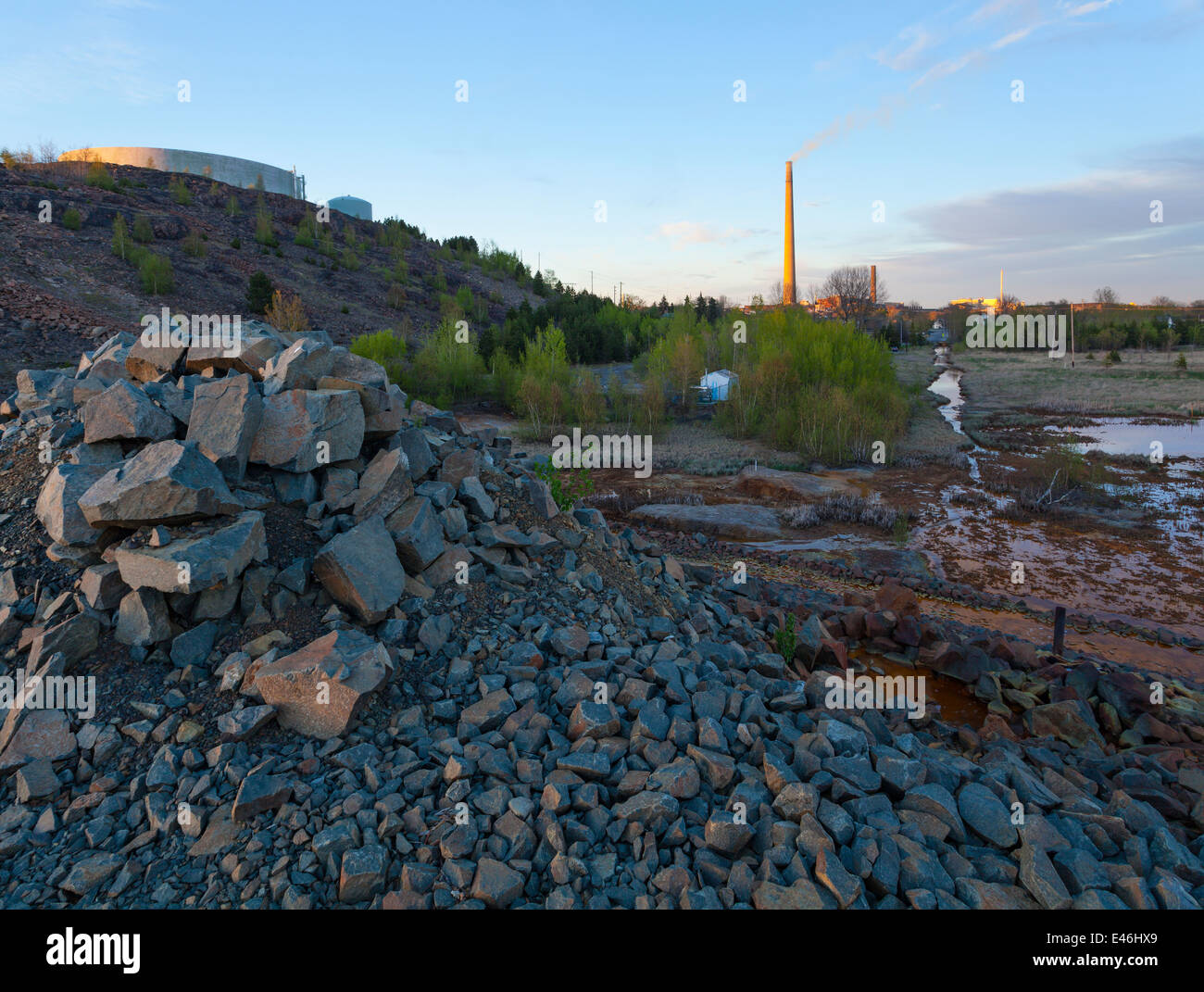 Water from a nearby tailings pond leaks into the local water supply near the Vale mining operations in Sudbury, Ontario, Canada. Stock Photo