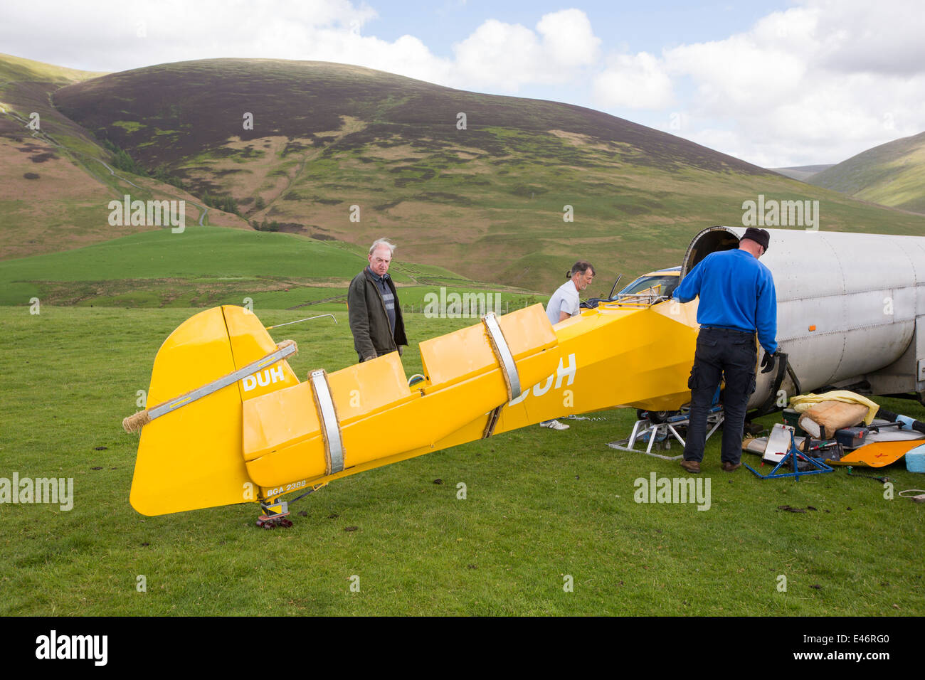Wooden gliders preparing to take off from Latrigg above Keswick, Lake District, UK Stock Photo