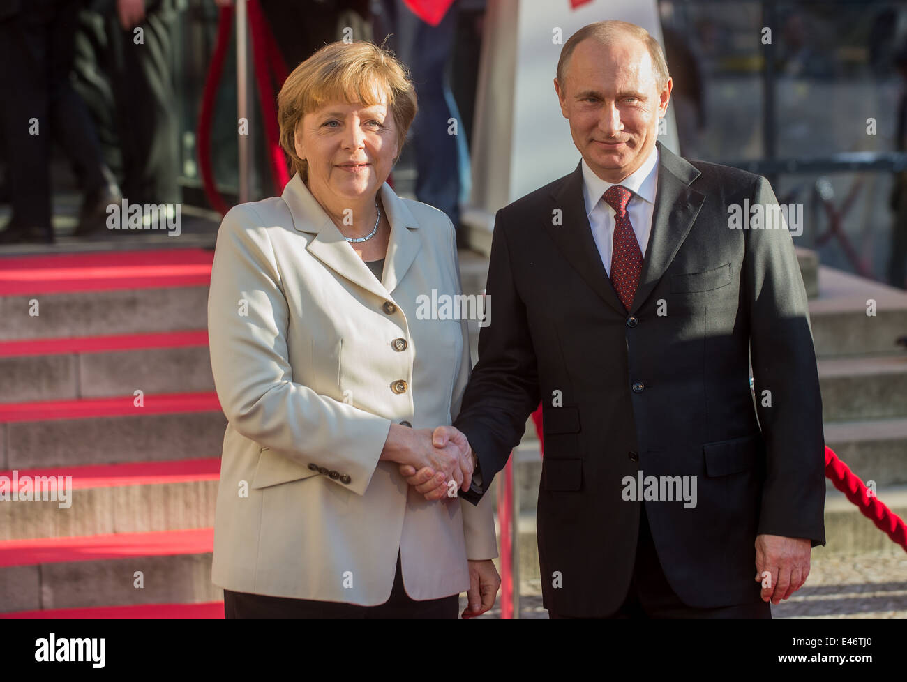 Berlin, Germany, Vladimir Putin and Angela Merkel at the Hannover Messe Stock Photo