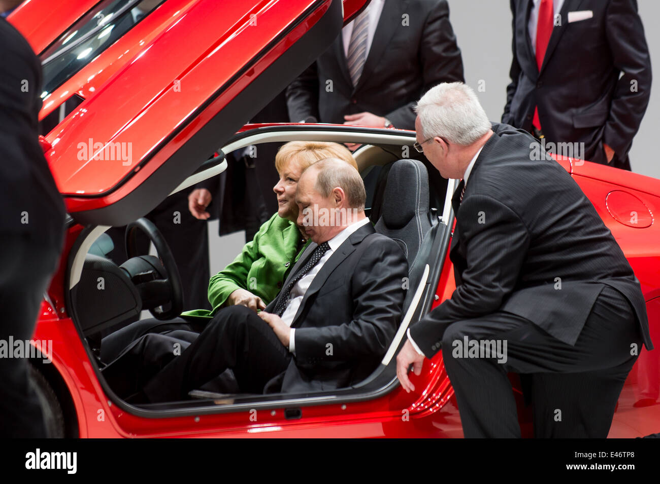 Berlin, Germany, Vladimir Putin and Angela Merkel at the Hannover Messe Stock Photo