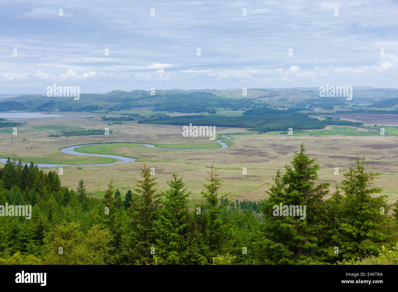 View down from Dunardry to River Add with bow shape forming and surrounding floodplain Stock Photo