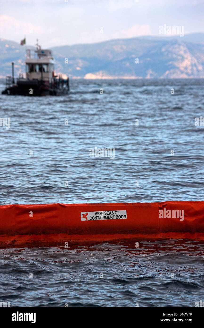 High Seas Oil Containment Boom in the Mediterranean Ocean, Tuscany Italy Stock Photo