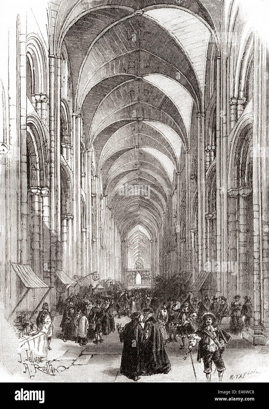 Interior of Old St. Pauls Cathedral, London, England before its destruction in the Great Fire of 1666. Stock Photo