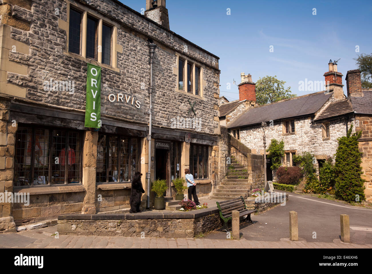 UK, Derbyshire, Peak District, Bakewell, South Church Street, Orvis shop in historic old Town Hall building Stock Photo