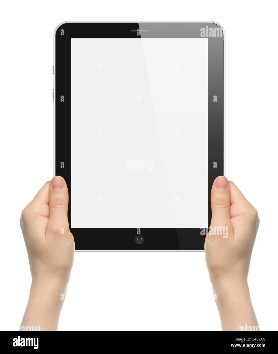 Woman hands holding tablet PC on white background Stock Photo - Alamy