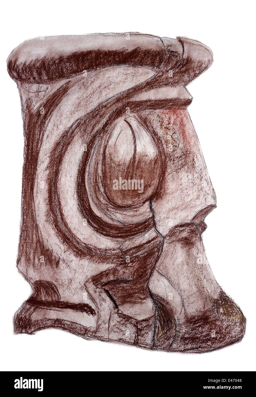 Wooden artifact - brown pastel drawing isolated. Handmade art naive illustration Stock Photo