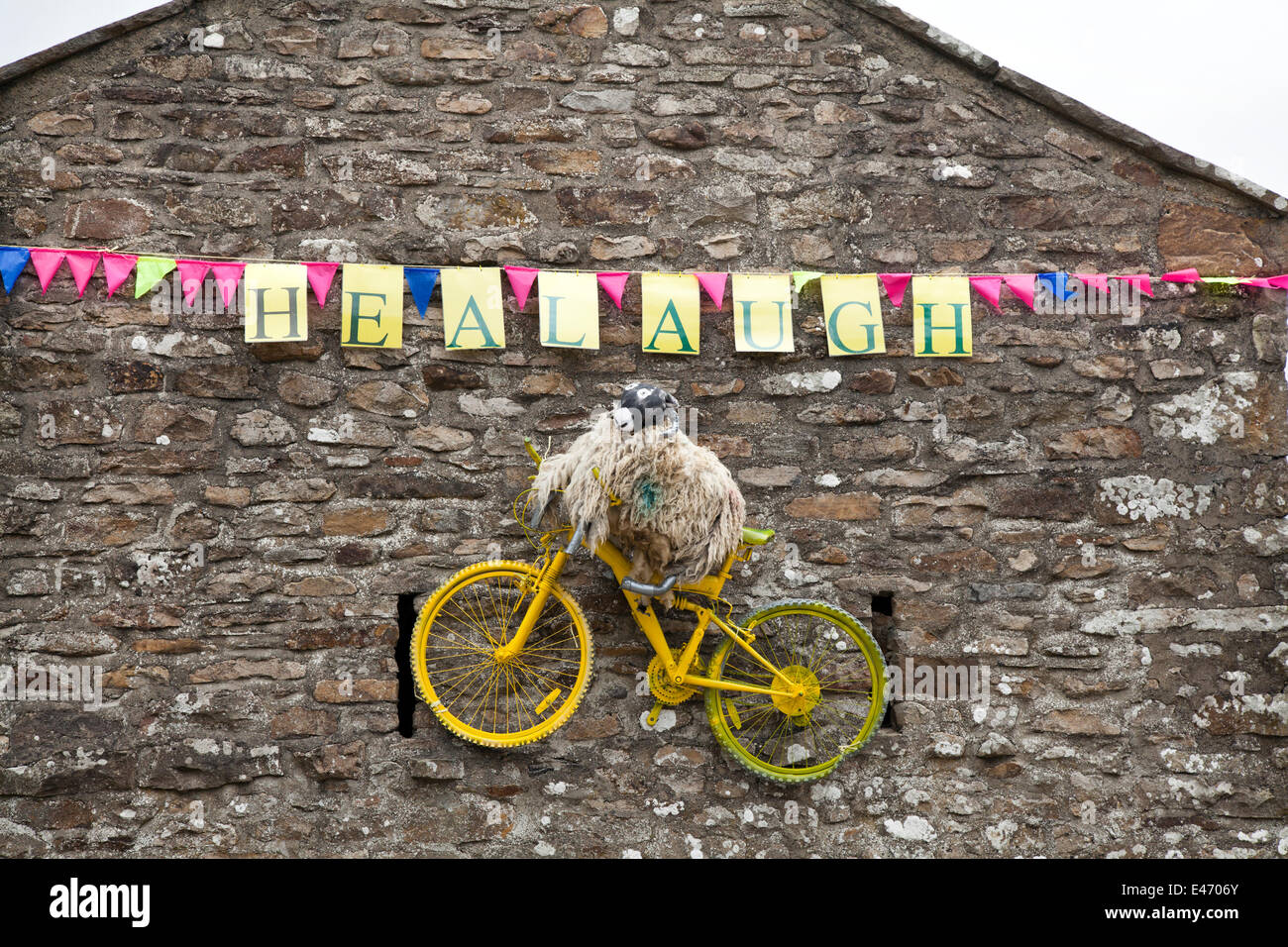 Le Tour de France 2014 Healaugh, Yorkshire Dales, Sheep on a bike decorating house gable.  Thousands of cyclists have been in the Yorkshire Dales travelling the route of the Grand Depart. The roads, and fields assigned to parking and camping are now beginning to fill up in preparation for the event on Saturday.  The Tour de France is the largest annual sporting event in the world. It is the first time Le Tour has visited the north of England having previously only made visits to the south coast and the capital. Stock Photo