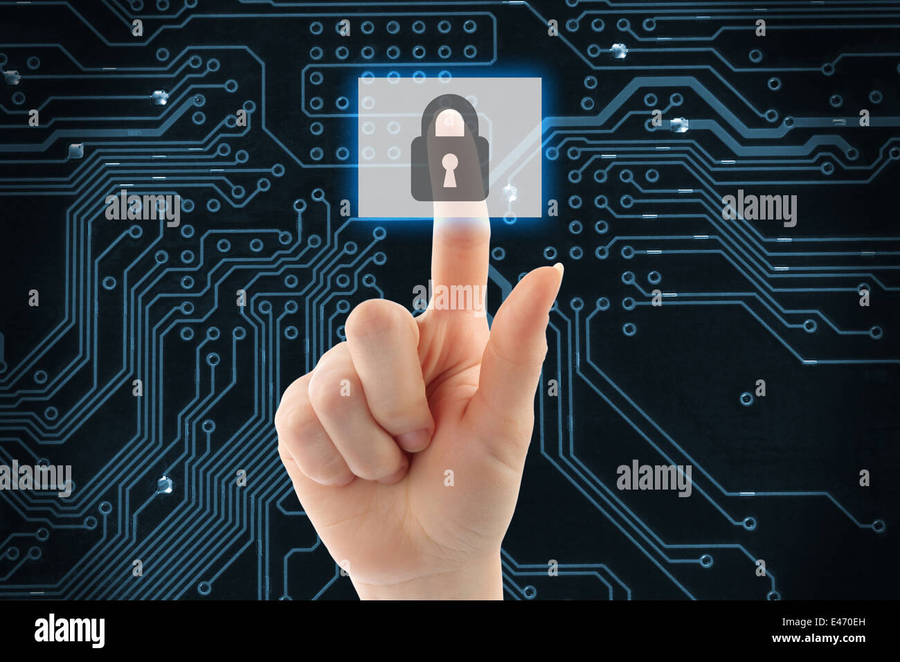 Hand pushing virtual security button on digital background Stock Photo
