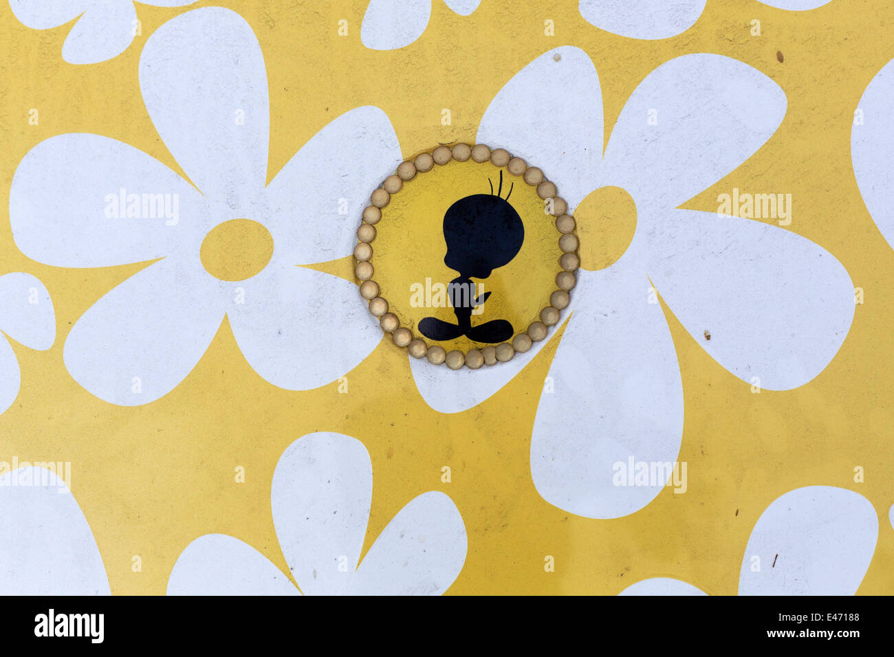 Tweety-Version of a VW Beetle, with flower decoration, in June 2014. Stock Photo