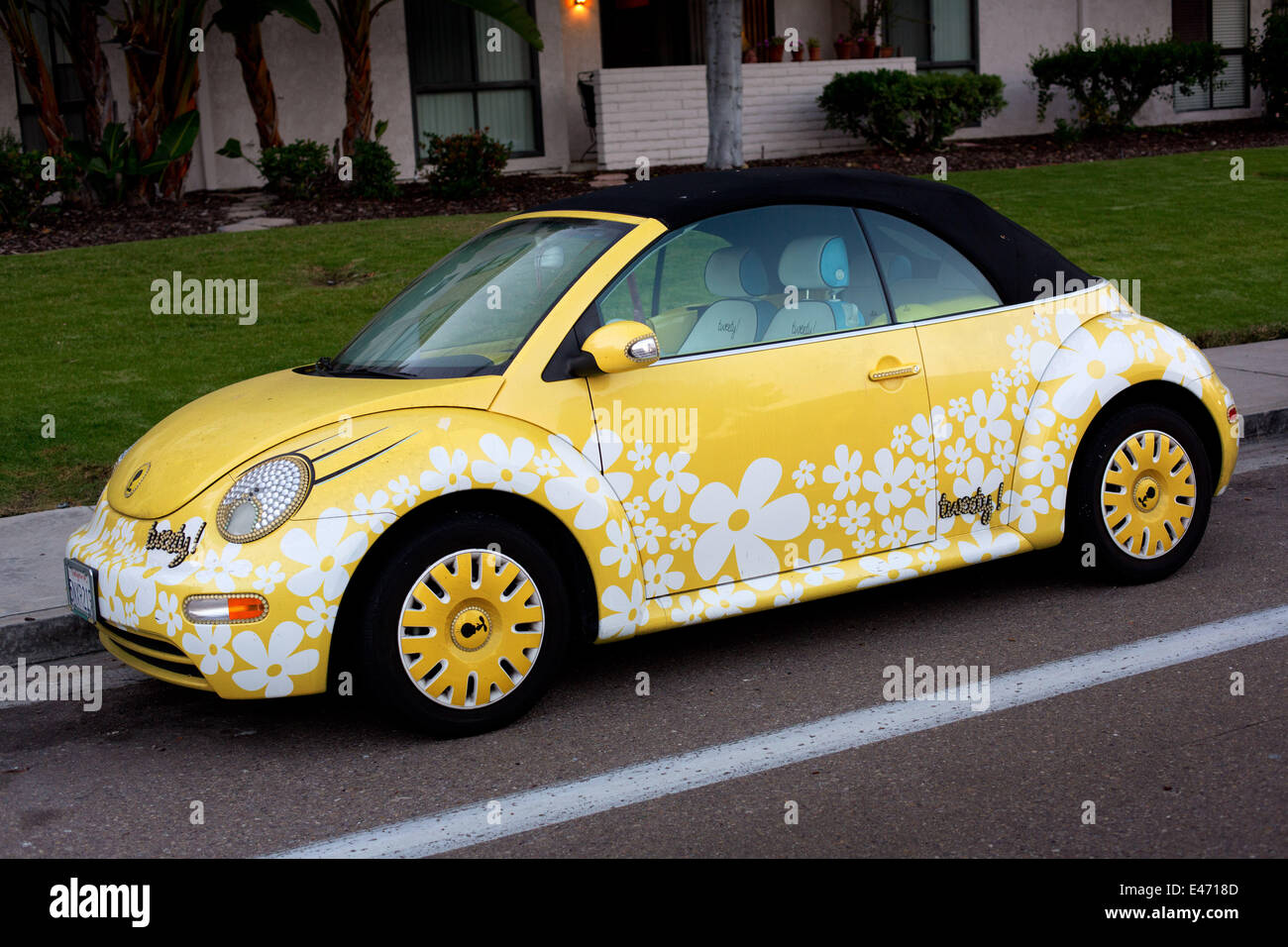 Tweety-Version of a VW Beetle, with flower decoration and headlight-eyes with eyelashes, in June 2014. Stock Photo